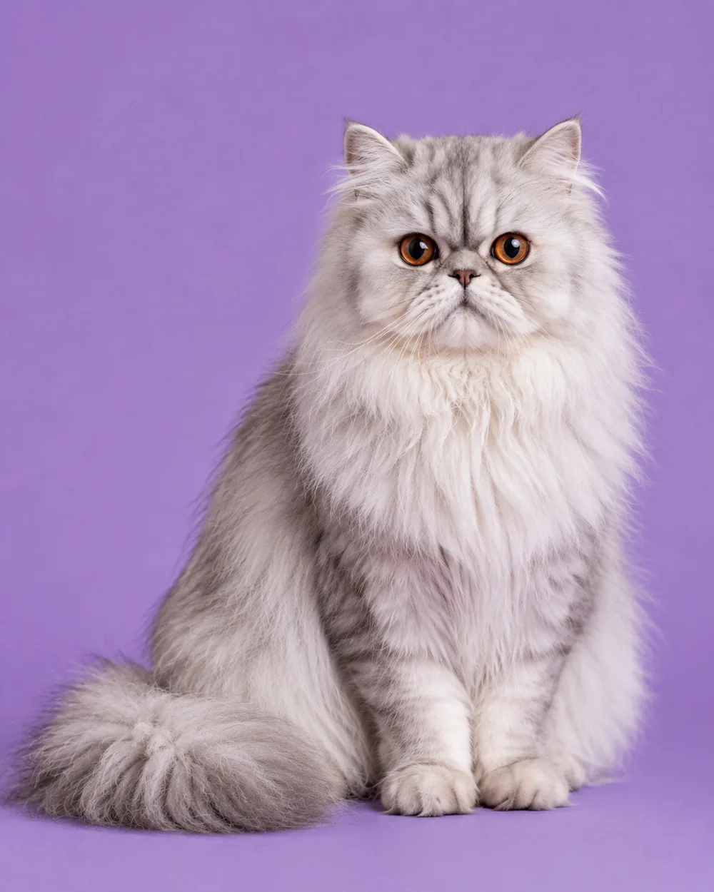 Silver Persian cat with copper eyes sitting against a lilac background