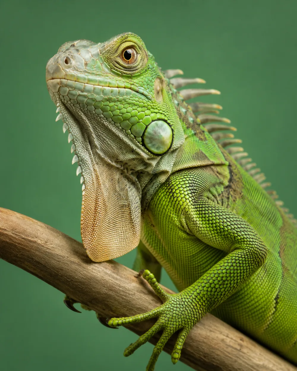 Green iguana perched on a branch against a deep green background