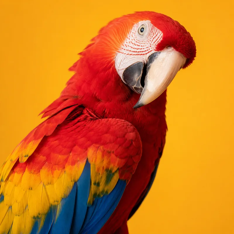 Scarlet macaw with red, yellow, and blue plumage against a golden background