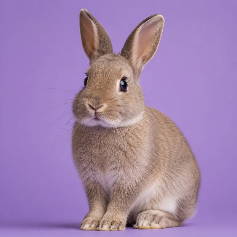 Rabbit sitting upright and alert against a lilac background